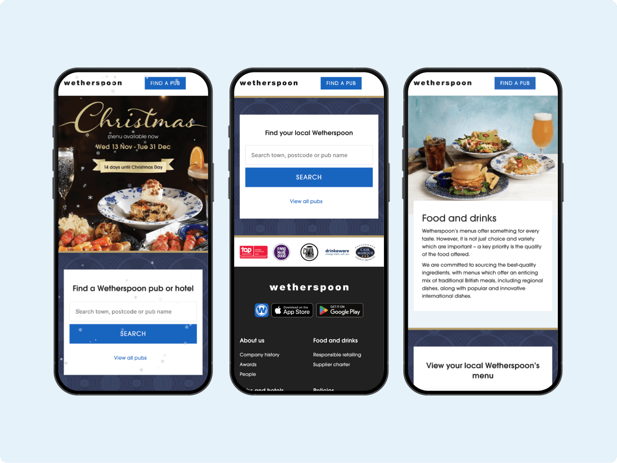 Three mobile screens displaying the Wetherspoon app: one features a Christmas dining promotion, the second allows users to search for local pubs, and the third showcases food and drink options available.