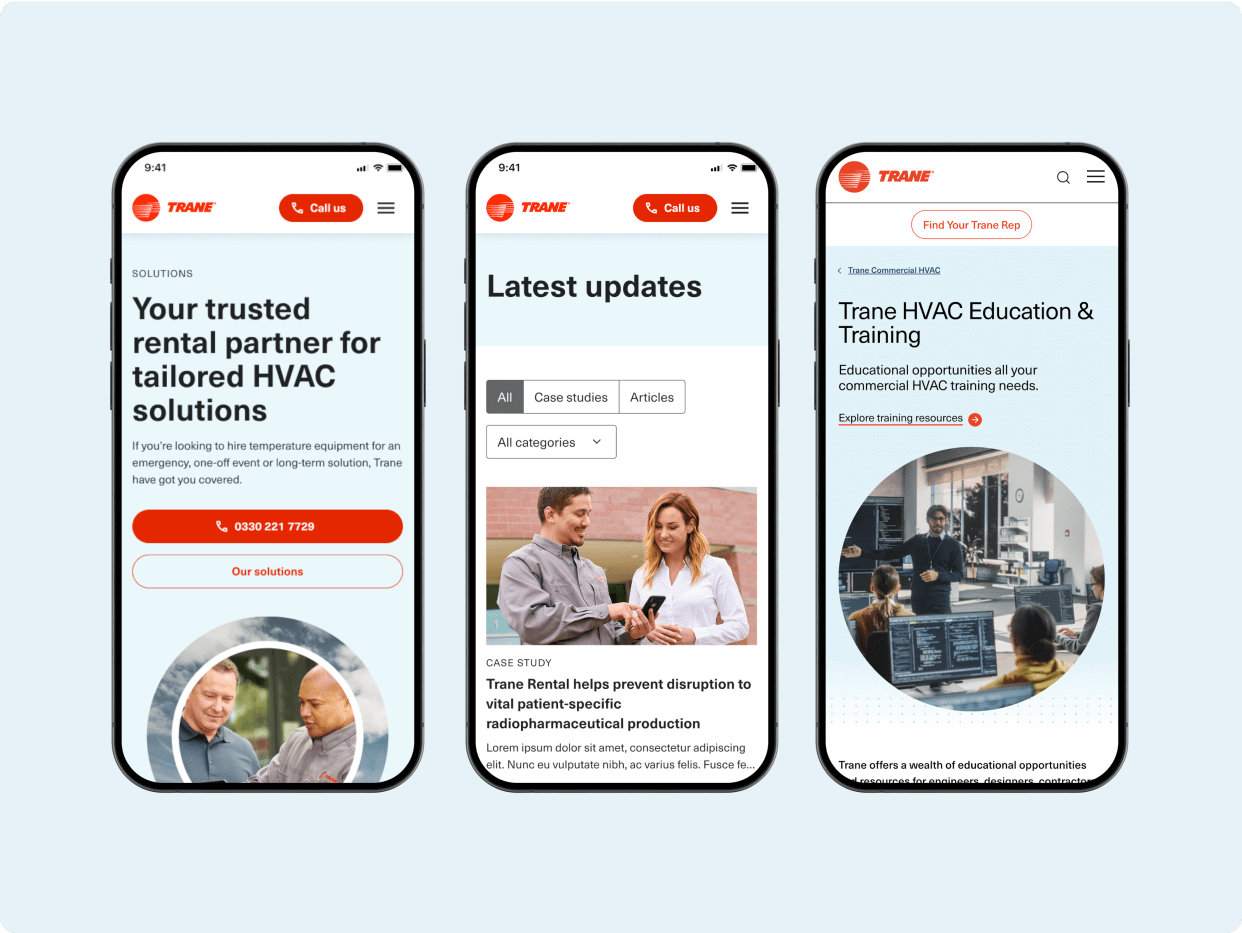 Three mobile screens displaying the Trane HVAC website, showcasing tailored HVAC solutions, recent updates, and educational resources. The first screen emphasizes partnership in HVAC services, while the other two highlight content and training opportunities.