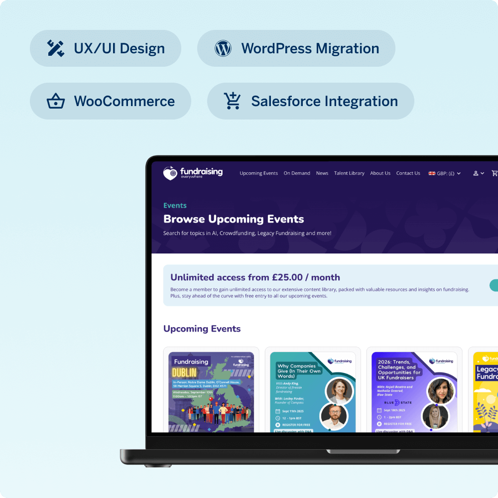 A laptop displays a website focused on upcoming fundraising events. Key features include sections for user research, competitor analysis, prioritization, and focus groups, highlighting a data-driven approach to event planning and engagement.