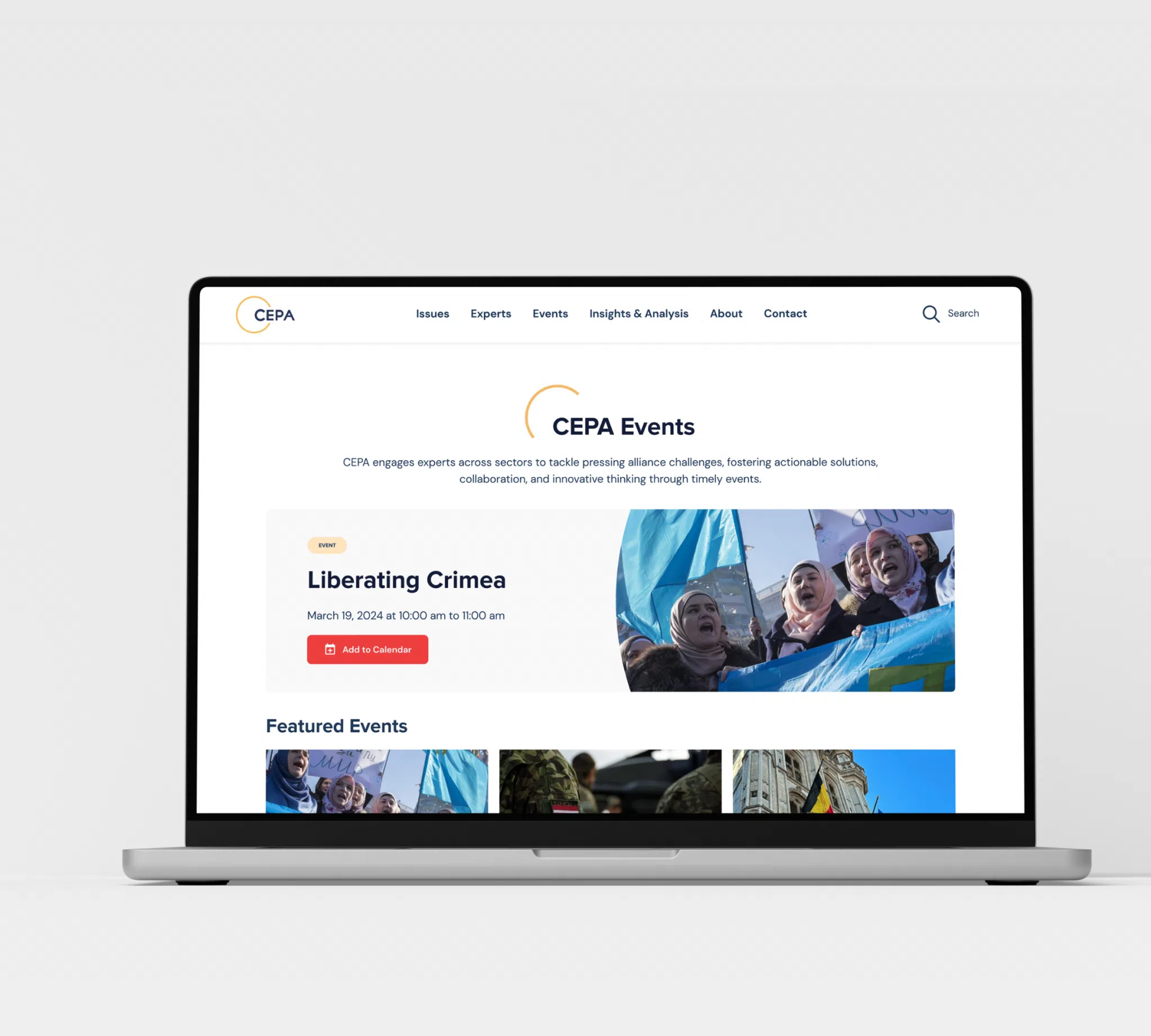 A laptop displaying a webpage titled "CEPA Events" with an event named "Liberating Crimea." The page features an image of people holding flags and event details.