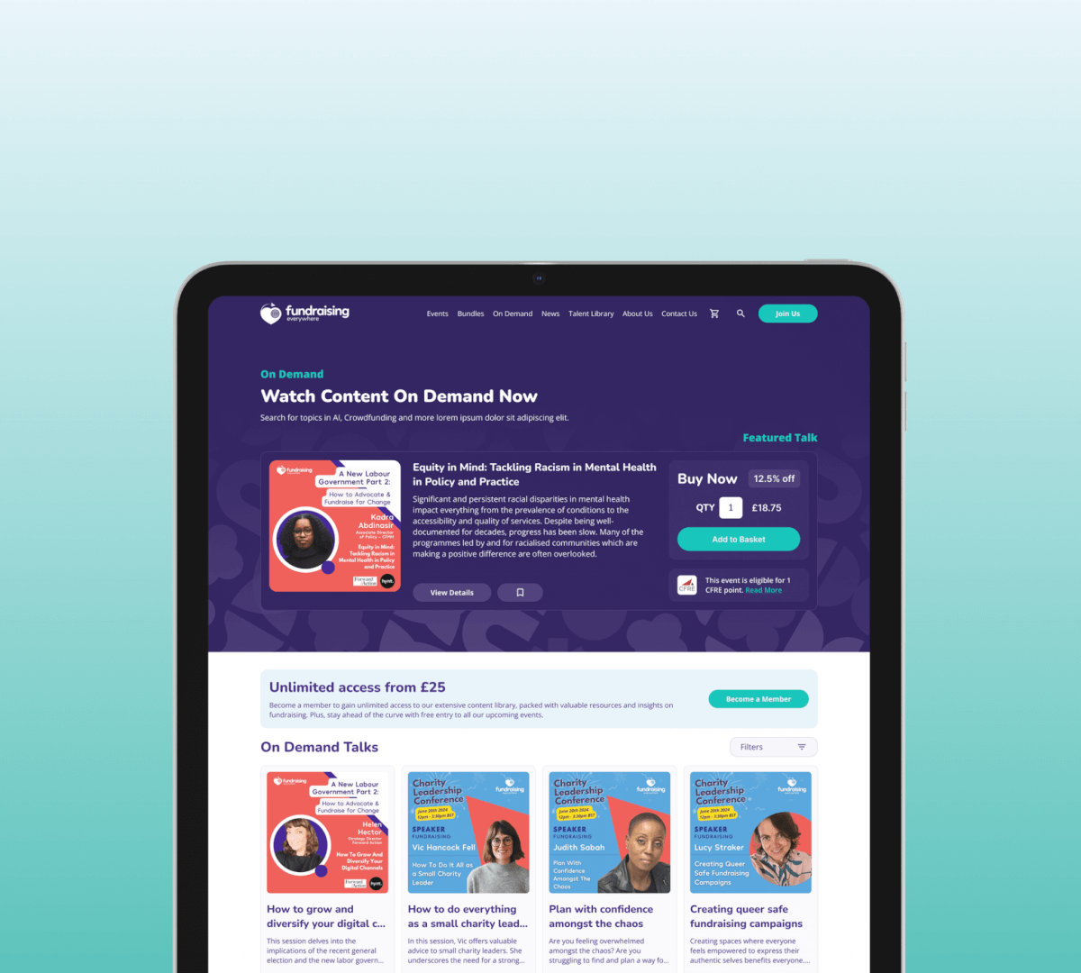 Tablet displaying a website with a purple-themed design. The homepage highlights an on-demand video section with images of speakers and pricing details. Various clickable tabs are visible at the top of the page, offering navigation options. A gradient blue to white background frames the screen.