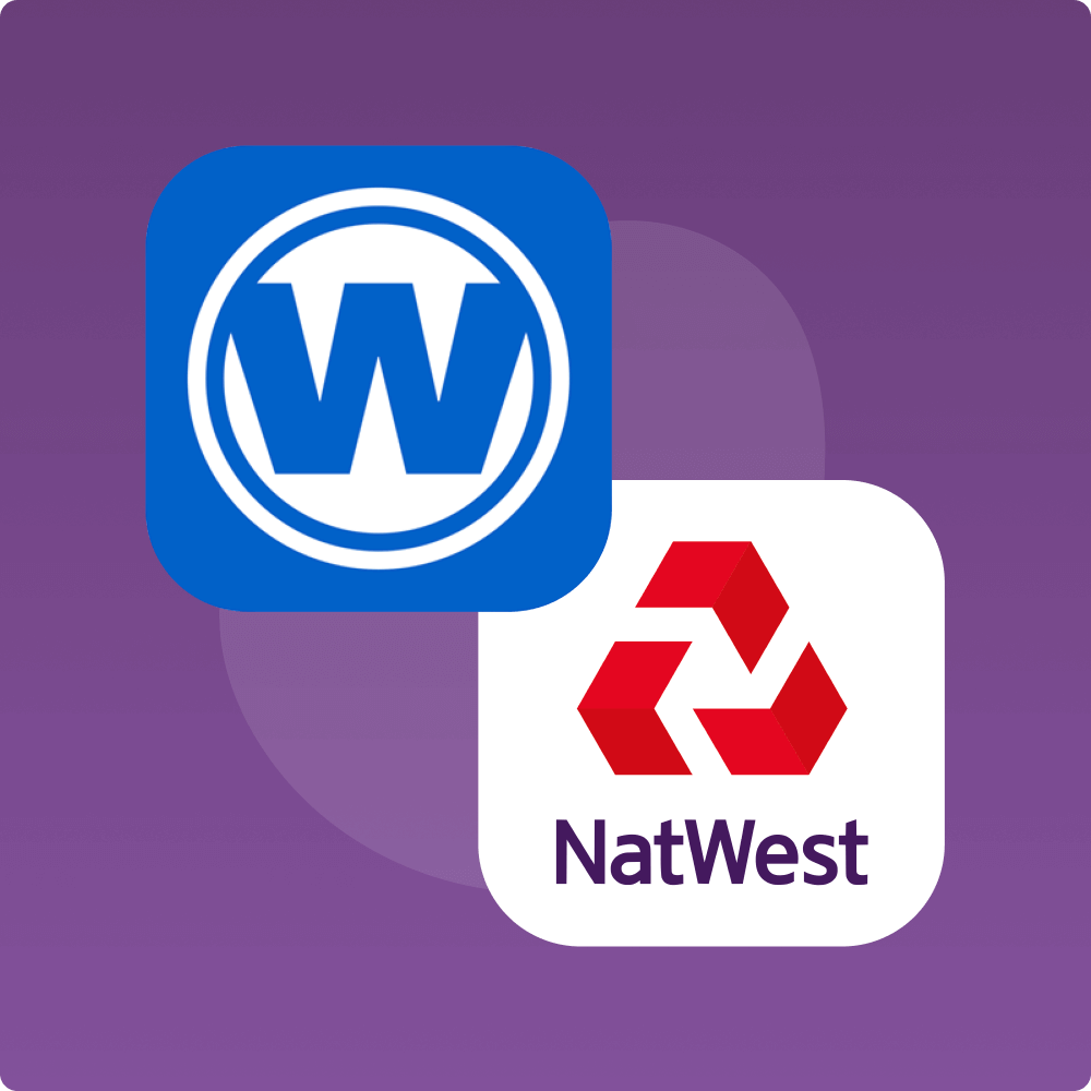 Logo designs for WordPress and NatWest set against a purple background, symbolizing collaboration between digital solutions and banking services.