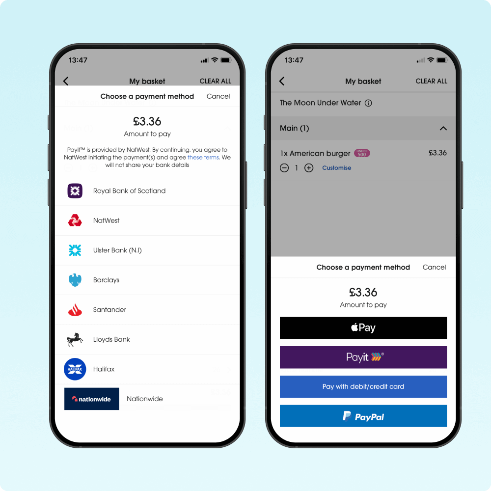 Two smartphones display a payment interface with a total of $3.36. The left screen shows various payment options, while the right screen highlights specific methods like Apple Pay and PayPal.