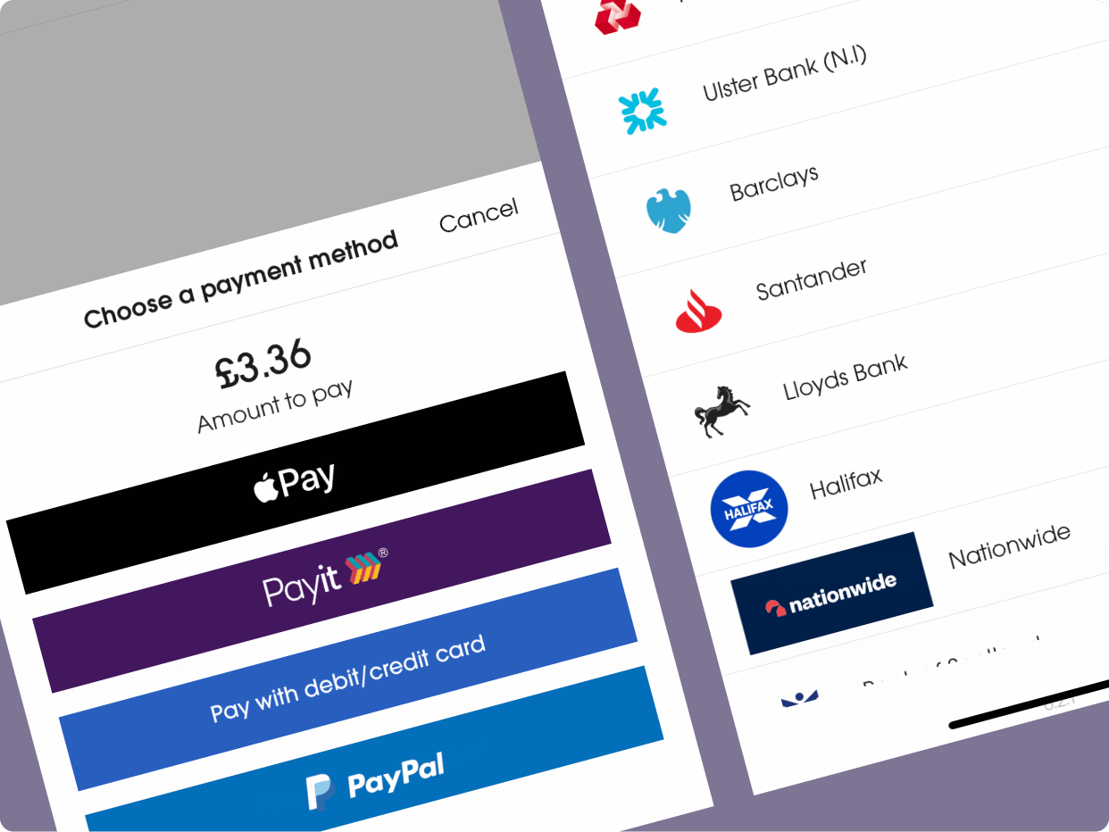 A payment interface displays various payment options, including Apple Pay, Pay it, and PayPal, with an amount of £3.36. The layout features a list of banks such as United Bank, Barclays, and others for user selection.