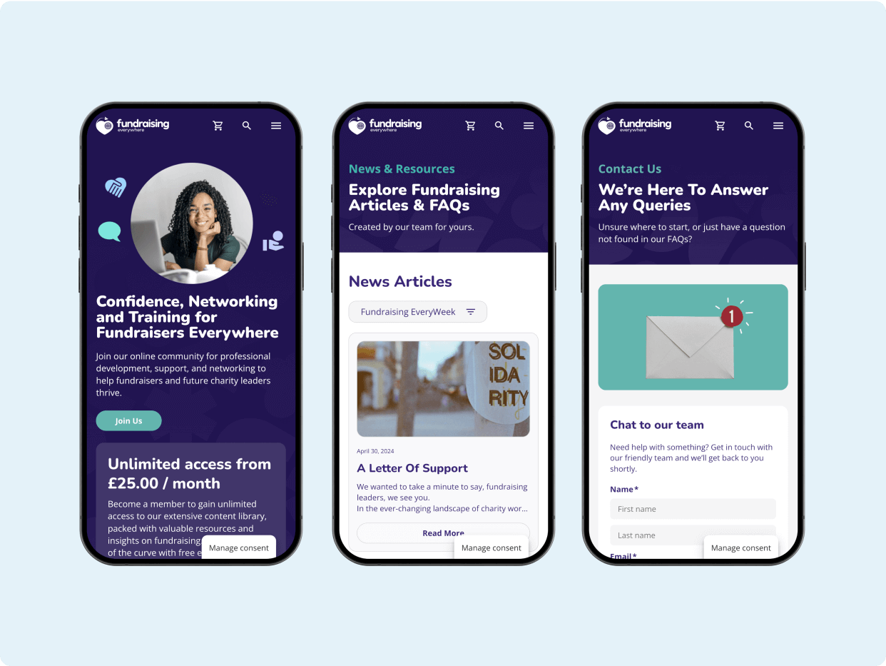 Three mobile screens showcasing a fundraising platform. The first screen highlights confidence and networking for fundraisers, the second features news articles and FAQs, and the third offers contact support for inquiries. All screens have a consistent purple design with clear calls to action.