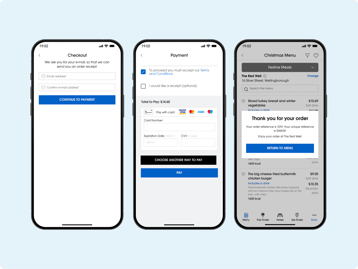 Three smartphones display a checkout process for an online order. The first screen shows the checkout button, the second prompts for payment details, and the third confirms the order with a thank you message.