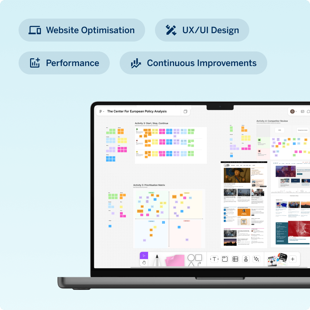A laptop displays findings from user research, competitor analysis, prioritization, and focus groups. Colorful charts and graphs illustrate data insights, supporting strategic decision-making for the Center for European Policy Analysis.