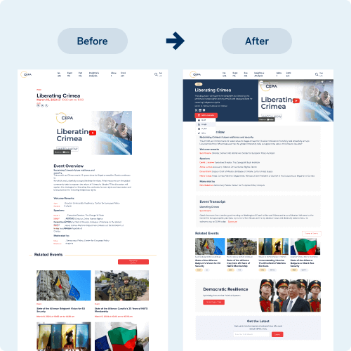 A visual comparison displays a website redesign, showcasing the transition from the original layout on the left to a modernized version on the right. The updated design highlights improved organization, clearer text, and a more engaging user experience.