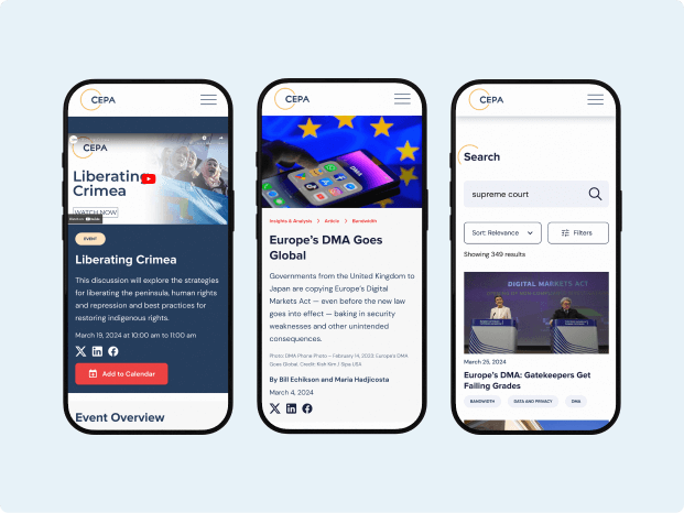 Three mobile device screens displaying articles and events related to current global issues, including "Liberating Crimea" and "Europe's DMA Goes Global". The screens feature a clean design with headlines, images, and navigation elements, highlighting content accessibility and engagement.