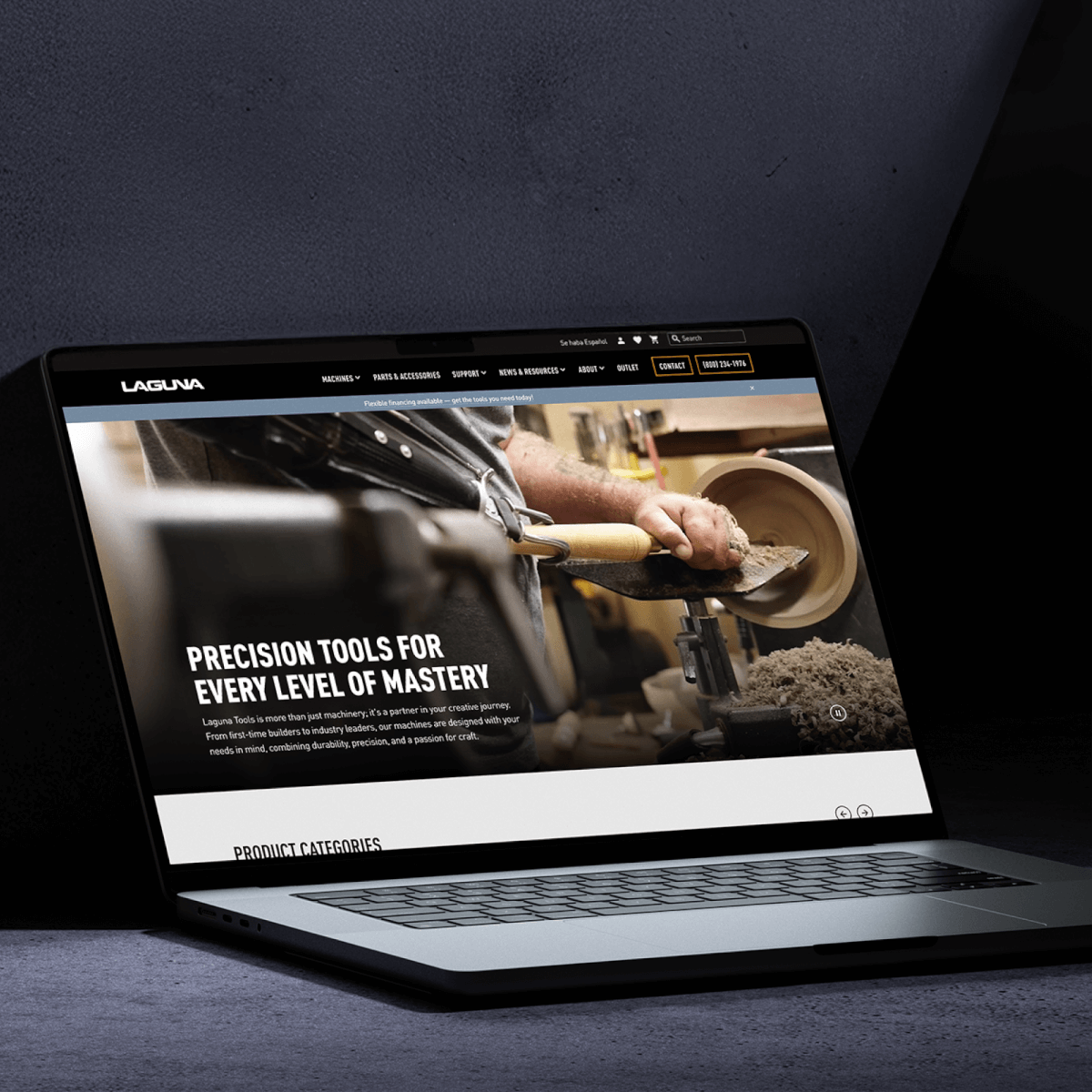 A laptop displaying a website featuring woodworking. The screen shows a person using a lathe, with the text "Precision tools for every level of mastery."