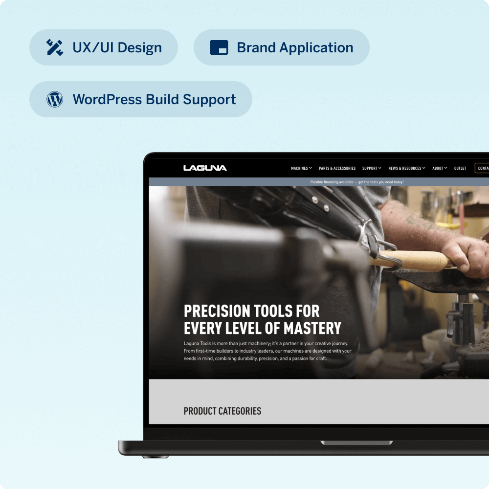 A laptop displays a webpage promoting precision tools for various skill levels. The image highlights key areas of focus: user research, competitor analysis, prioritization, and focus groups, showcasing a strategic approach to product development.