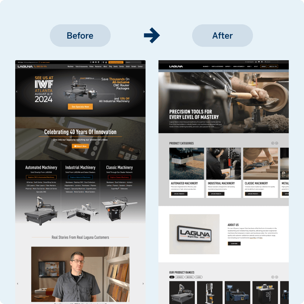 A side-by-side comparison of a website before and after a redesign, showcasing improved layout and user experience. The left side displays the original site with a focus on innovation, while the right side highlights enhanced navigation and visuals for precision tools.