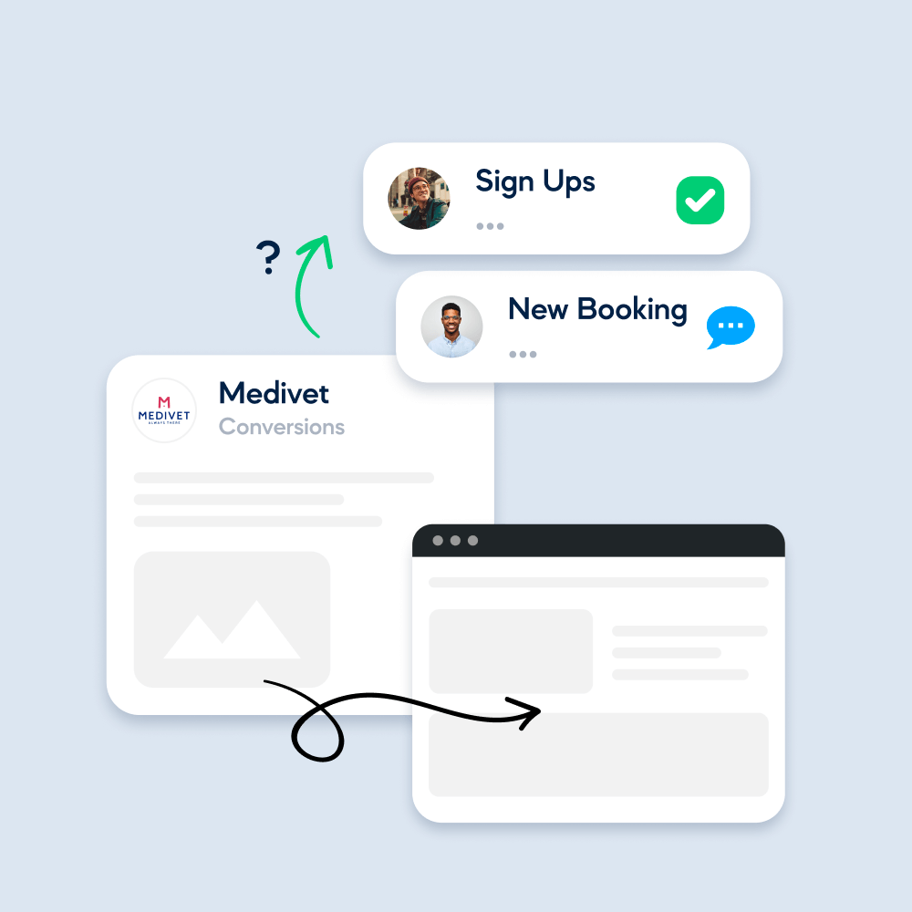 An illustration depicting a digital interface with notifications for sign-ups and new bookings related to Medivet, showcasing clear data-driven insights and user engagement metrics.