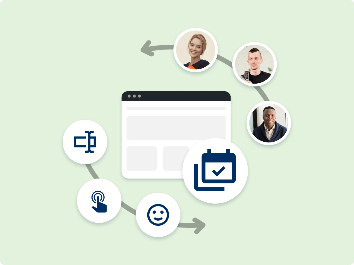 An infographic depicting a web interface surrounded by icons representing communication, scheduling, and user engagement, illustrating a collaborative process with diverse individuals connected through circular arrows.
