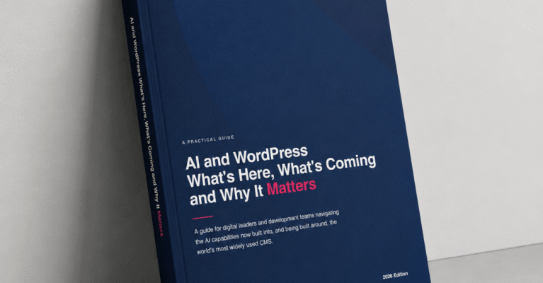 Blue book titled "AI and WordPress: What's Here, What's Coming and Why It Matters" by Filter.