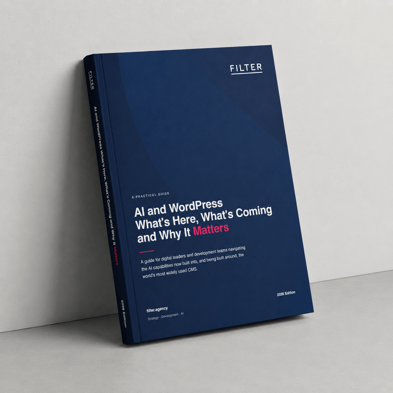 Blue book titled "AI and WordPress: What's Here, What's Coming and Why It Matters" by Filter.