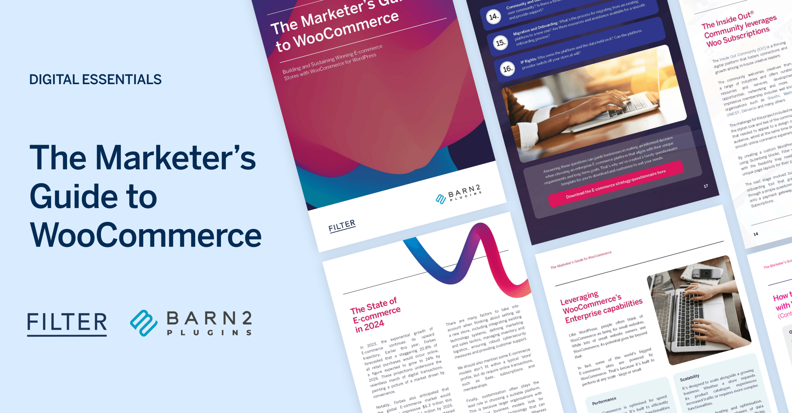 Cover of "The Marketer's Guide to WooCommerce" by Barn2 Plugins and Filter. The image shows a digital brochure layout with sections on marketing strategies, illustrations, and sample pages. The design is modern, featuring a wavy, colorful theme with text overlays and graphics on e-commerce.