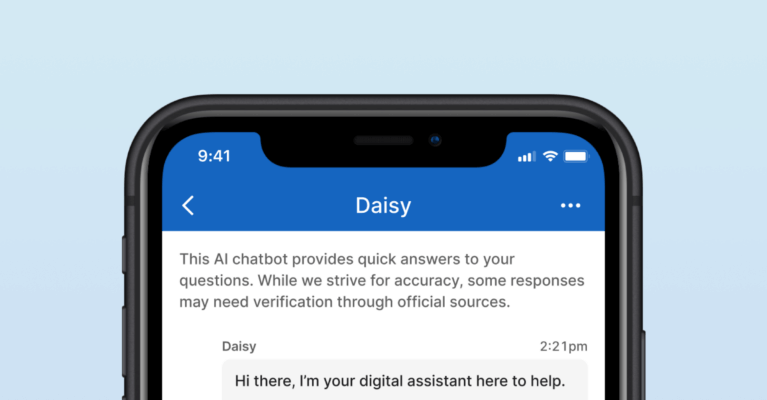 Smartphone screen displaying a chat with an AI assistant named Daisy. The AI offers help and requests user questions. A user asks about being unable to work due to sickness. The background is light blue.