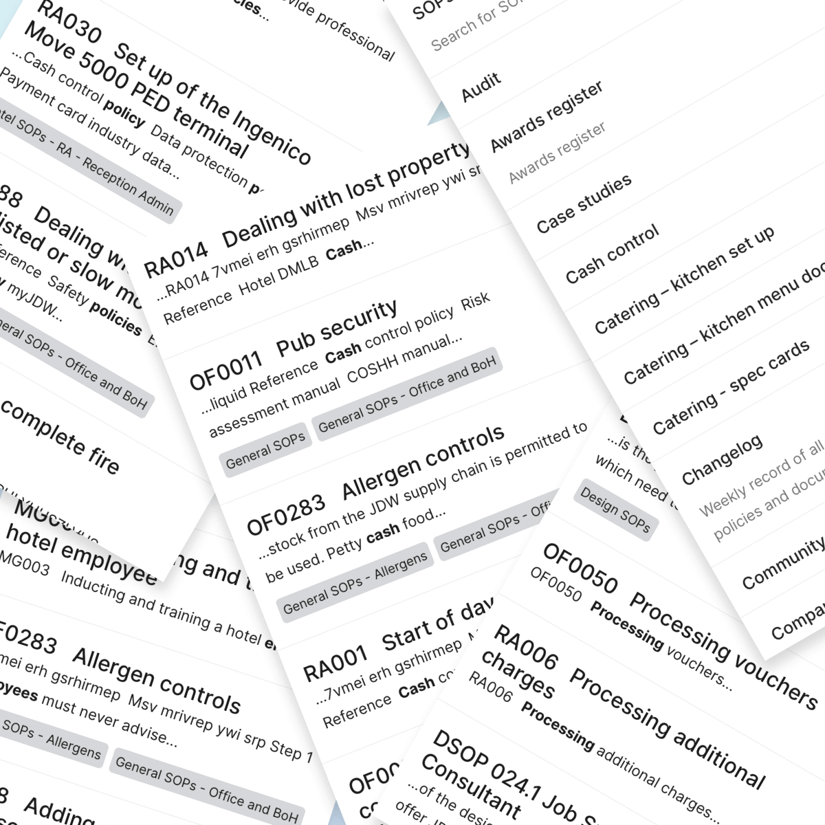 A collage of various documents and forms, each labeled with different operation codes and topics, such as pub security, allergen controls, and processing vouchers, is displayed. The text is primarily black on a white background, arranged in a scattered, overlapping layout.