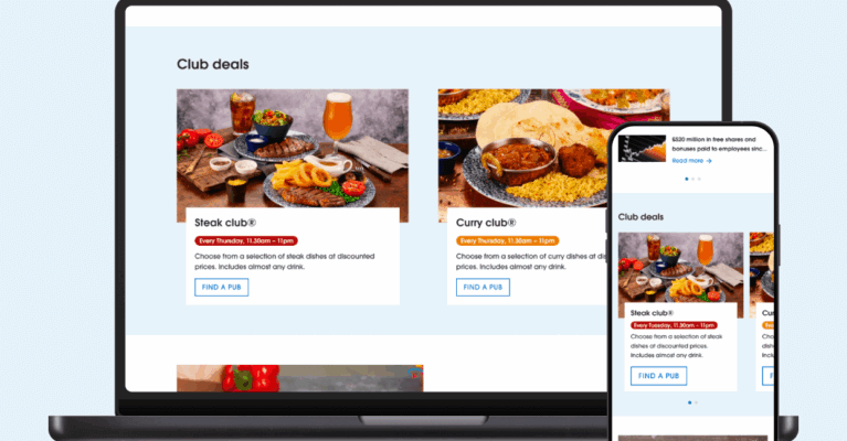 A laptop and smartphone display food deal promotions, featuring images of dishes and drinks. The layout highlights various offers, inviting users to explore club deals on both devices.