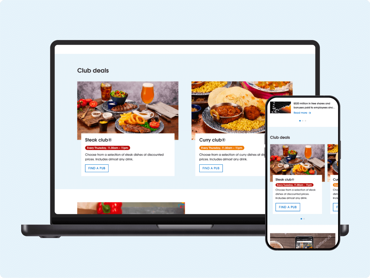 A laptop and smartphone display food deal promotions, featuring images of dishes and drinks. The layout highlights various offers, inviting users to explore club deals on both devices.