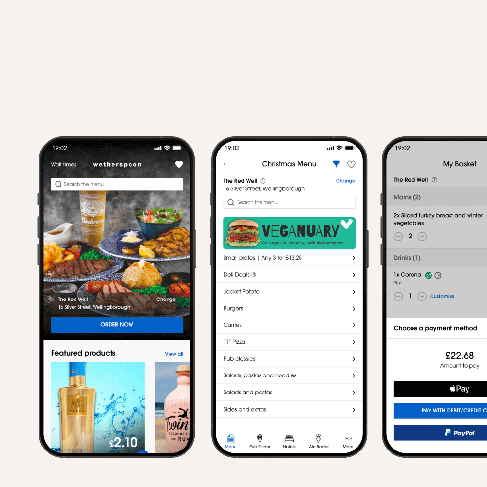 Three mobile screens showcasing a food delivery app. The first screen displays a vibrant menu with featured items. The second screen presents a Christmas menu with vegan options. The third screen focuses on the checkout process, highlighting different payment methods and total cost.