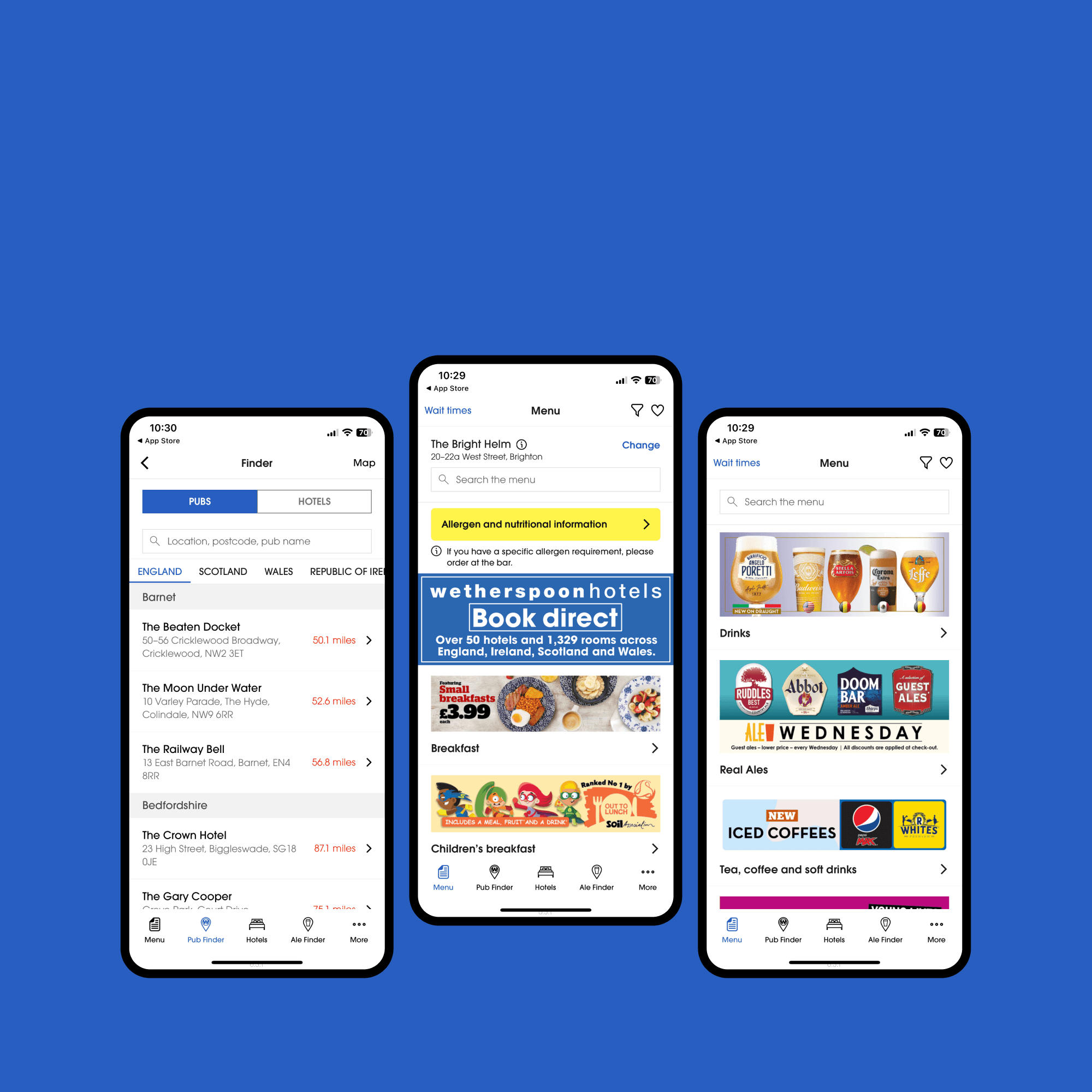 Three smartphones display a food and drinks app on a blue background, showcasing menu options, a booking advertisement, and promotional offers for beverages and meals.