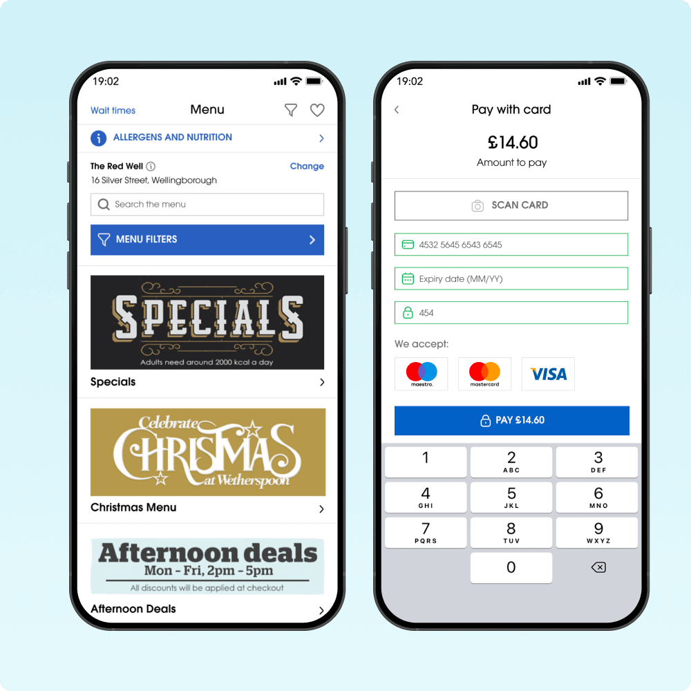 A mobile app interface displaying a menu with options for specials and Christmas deals on one screen, and a payment section with a total of $14.60, card scanning, and payment methods on the other screen.