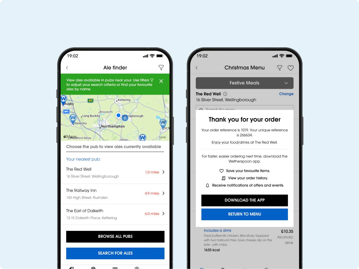 Two smartphones display app interfaces. The left shows a map with nearby locations for bookings, while the right confirms an order with options to download an app or return to the menu. Both images highlight user-friendly navigation for a digital service.