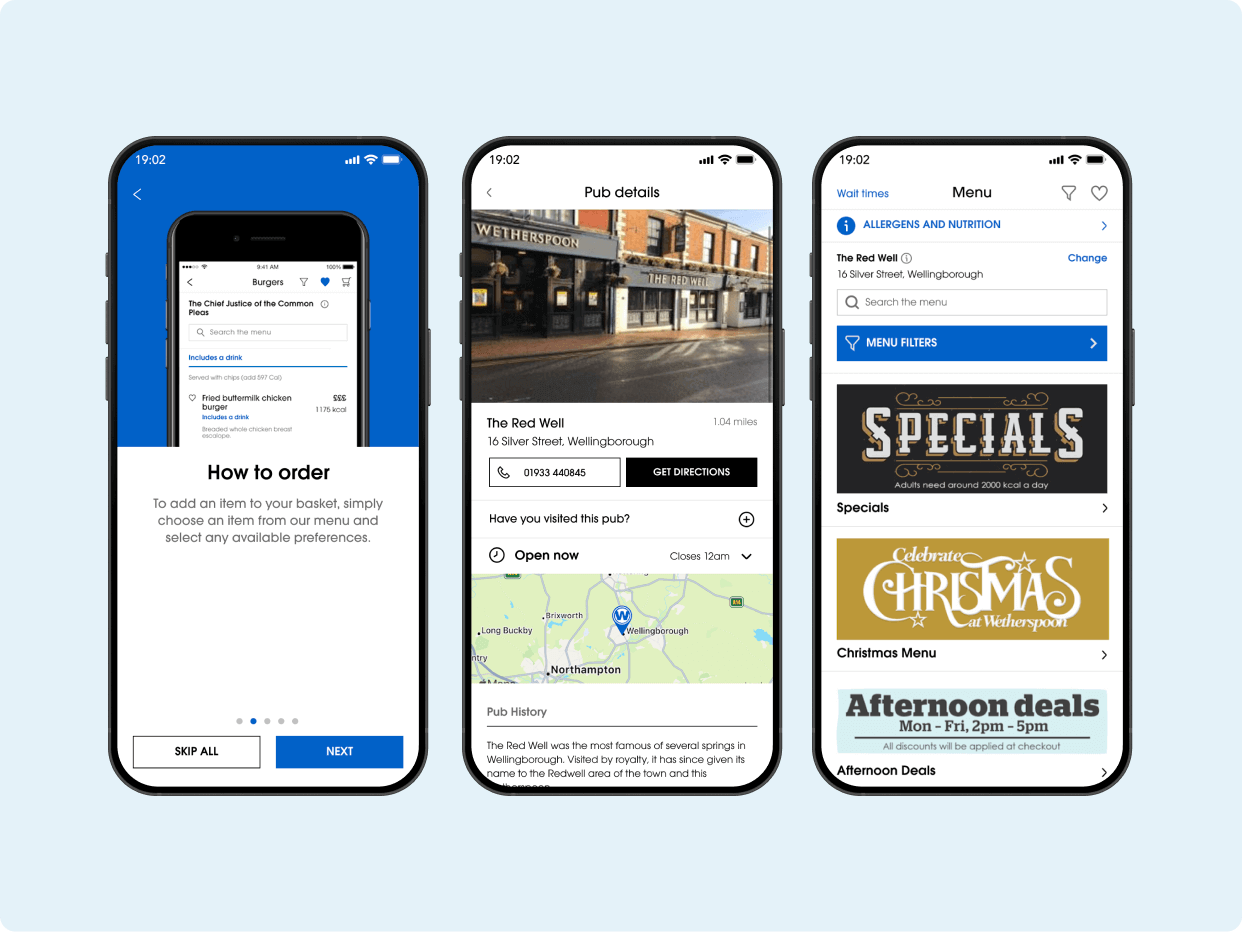 Three smartphones display a mobile app featuring an ordering guide, location details, and special promotions for a dining establishment. Each screen provides clear navigation options and relevant information for users.