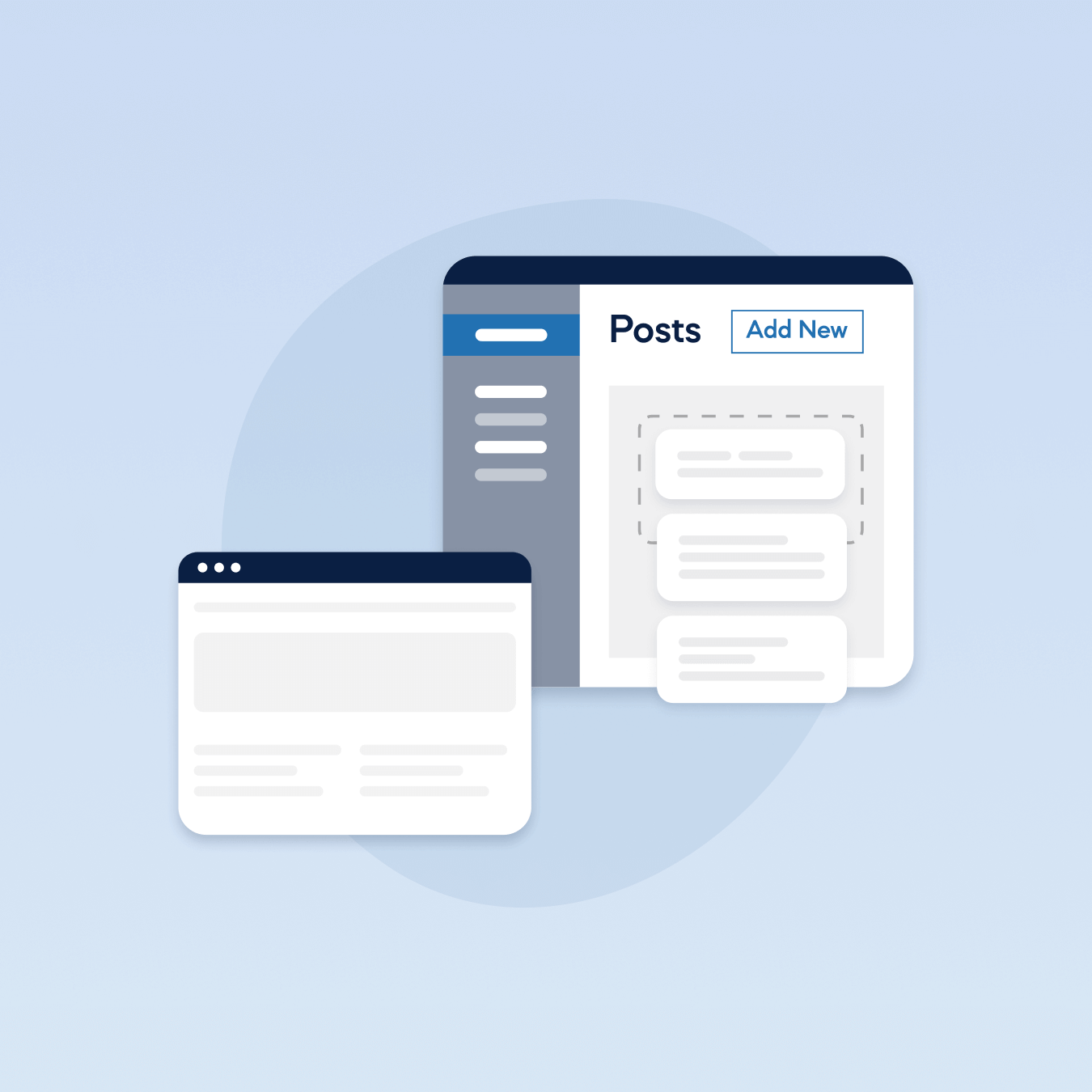 Illustration of a content management system interface. It features a "Posts" section with an "Add New" button and overlapping browser windows, representing webpage editing and content creation. The design has a clean, blue-themed background.