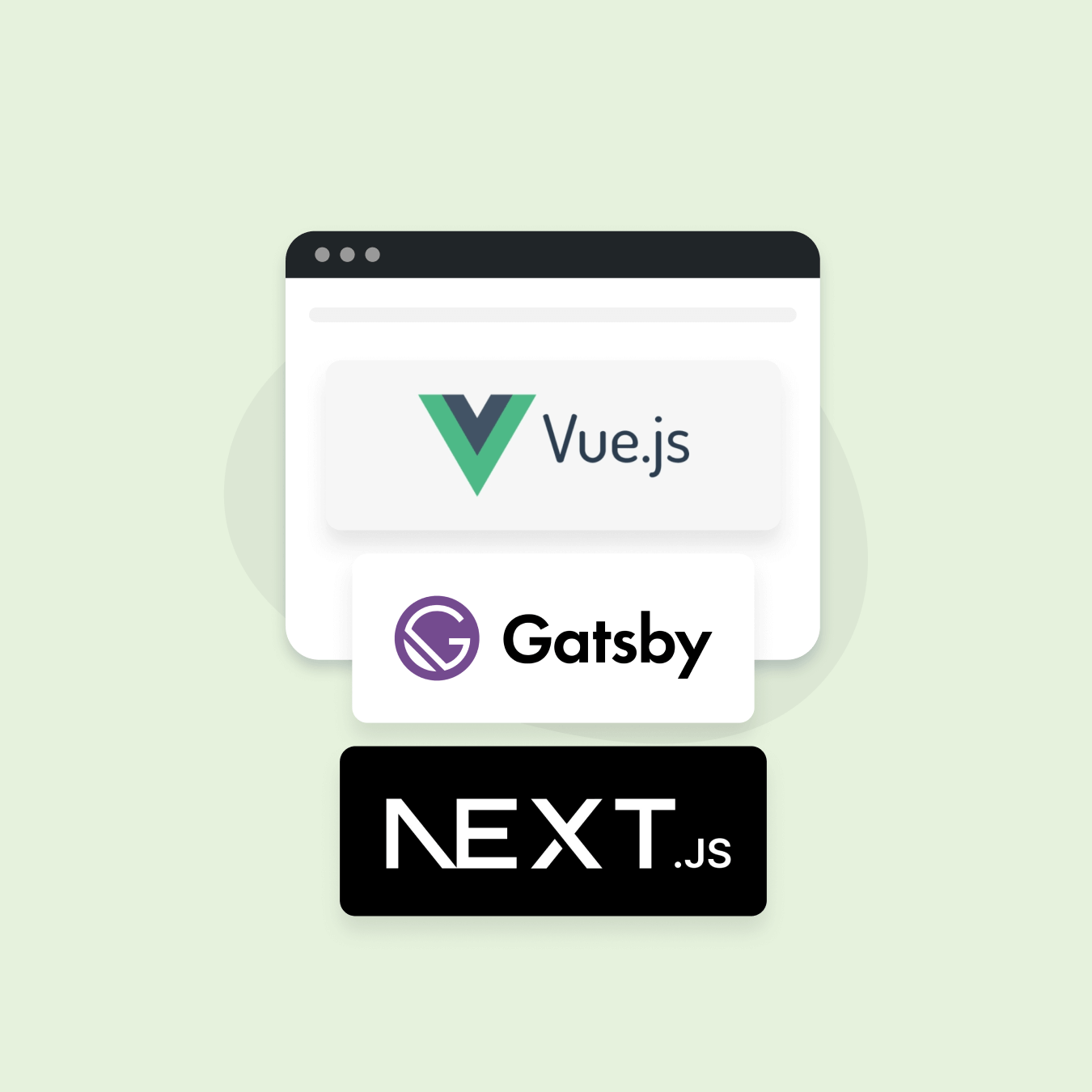 A graphical representation of three web development frameworks: Vue.js, Gatsby, and Next.js. Each logo is displayed within a stylized web browser window against a light green background.