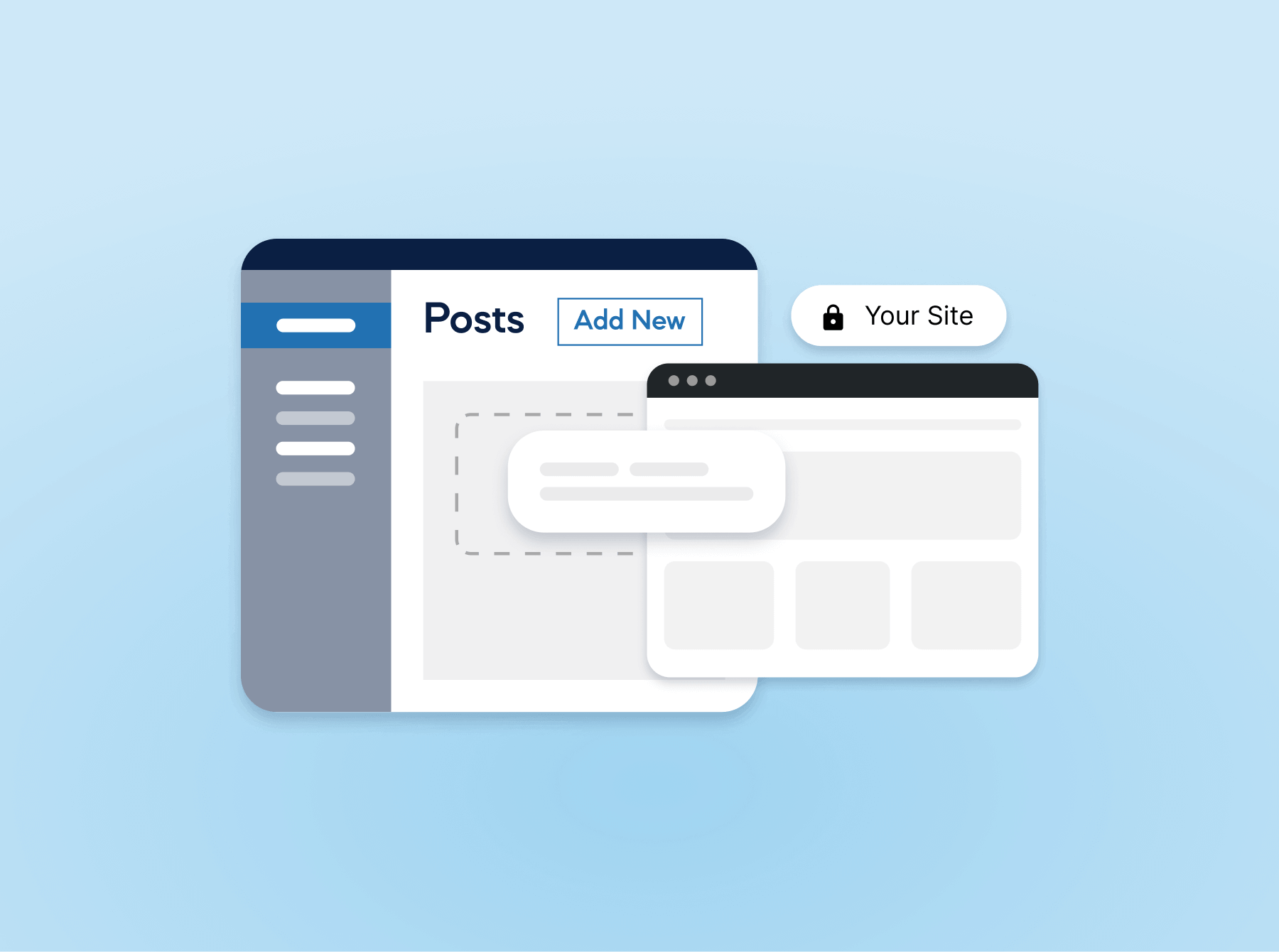Illustration of a website content management interface showing a "Posts" section with an "Add New" button. A browser window overlay indicates website structure, set against a light blue background.