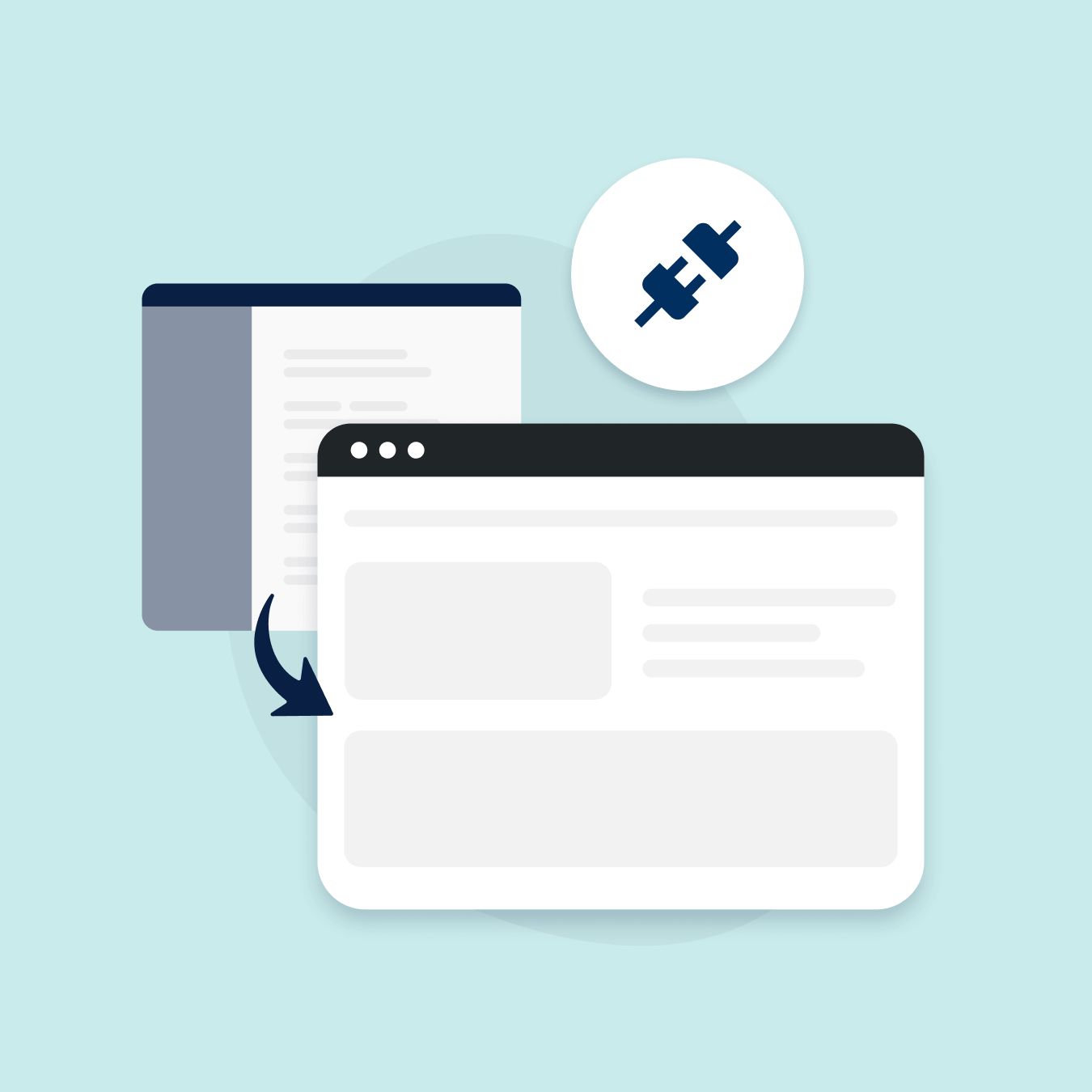 Illustration showing a browser window with a plugin icon above, alongside a document icon. An arrow points from the document to the browser, suggesting integration or connectivity. The background is light blue.