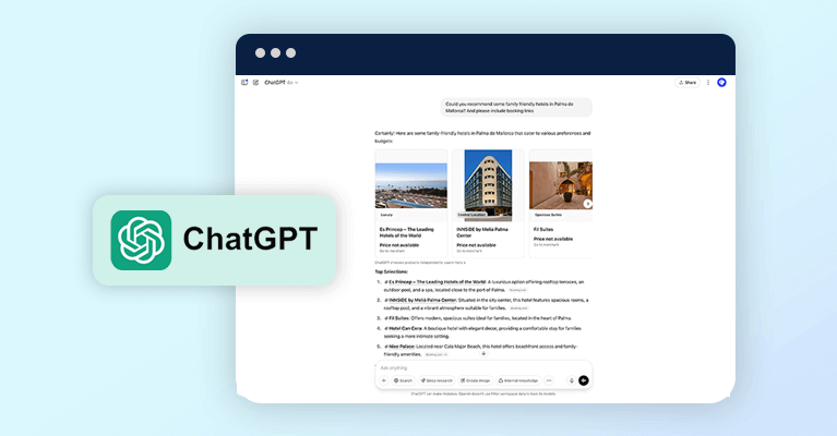 A computer screen displays the ChatGPT interface with a web browser layout. On the left, the ChatGPT logo is visible. The interface shows a list and images of buildings, indicating a conversation or query related to architecture or real estate.