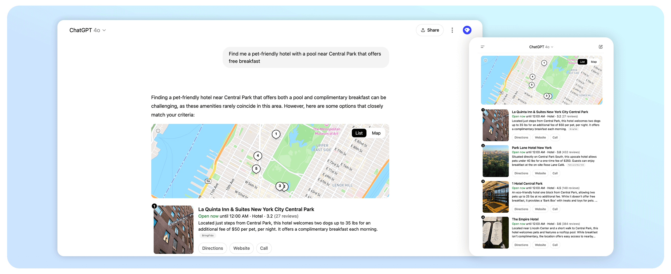Split screen showing a mapping application on an AI interface with a map of New York City. On the right, a list of suggested locations includes images and text. A blue gradient background frames the display.