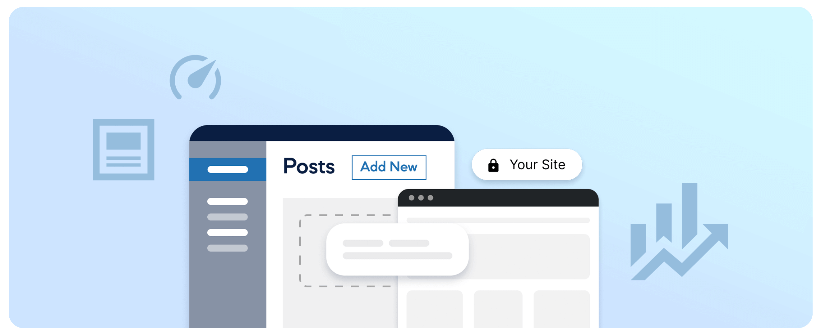 Illustration of a website dashboard with a "Posts" section featuring an "Add New" button. Icons representing optimization, security, and analytics surround the dashboard, set against a light blue background.