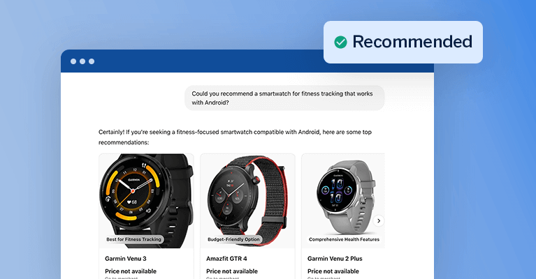 A webpage displays a recommendation for fitness smartwatches compatible with Android. Three models are shown: Garmin Venu 3, Amazfit Cheetah R, and Garmin Venu 3 Plus. Each watch is highlighted with its features and availability status. A "Recommended" badge appears at the top.