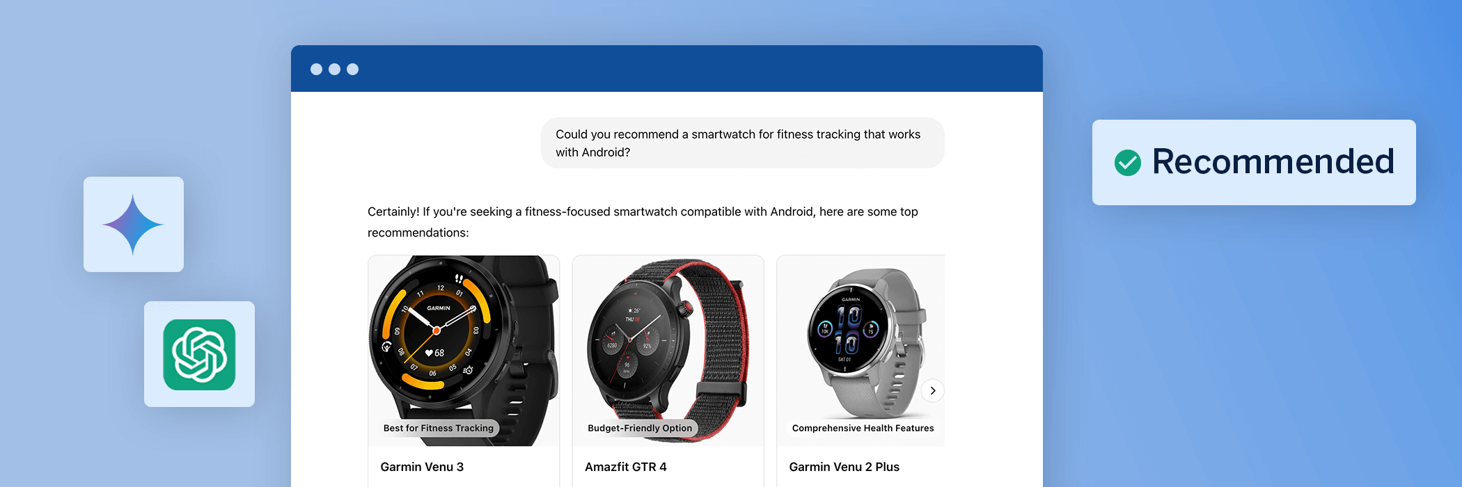 Screenshot of a webpage displaying three smartwatches with ratings: Garmin Fenix 5, Forerunner 920XT, and the Garmin Venu. A "Recommended" badge is visible on the right, with decorative icons on the left. The background is a gradient blue.