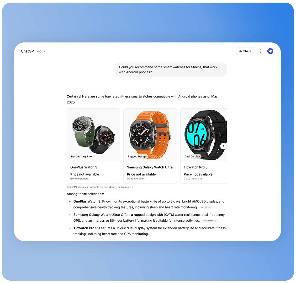 A screenshot of a web page showing a list of three smartwatches compatible with Android phones, including their names and features.