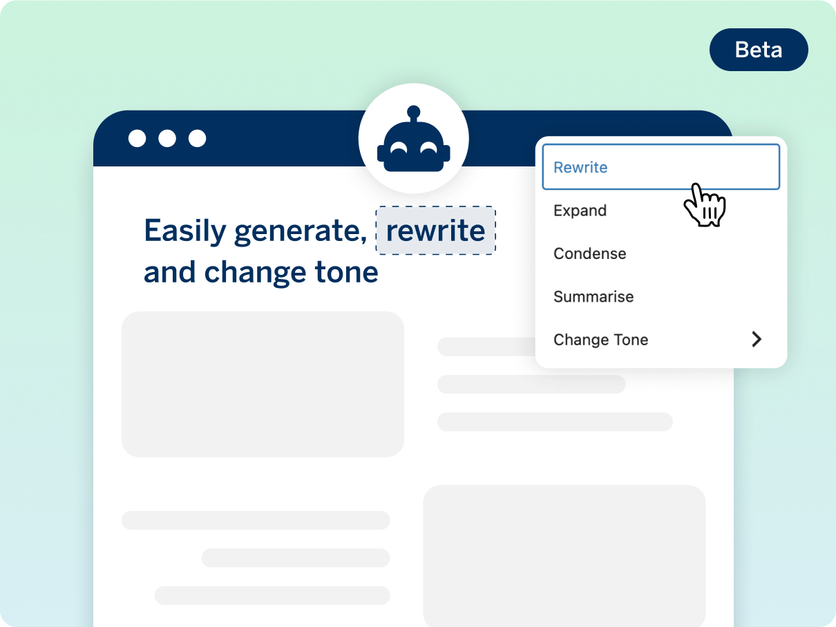 Web interface displaying text editing options: rewrite, expand, condense, summarize, and change tone. A cursor hovers over "Rewrite." The header reads, "Easily generate, rewrite and change tone."