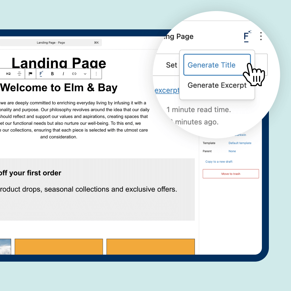 A screenshot of a webpage editor displaying a landing page titled "Welcome to Elm & Bay." A cursor hovers over an option to generate a title or excerpt, indicating interactive action.
