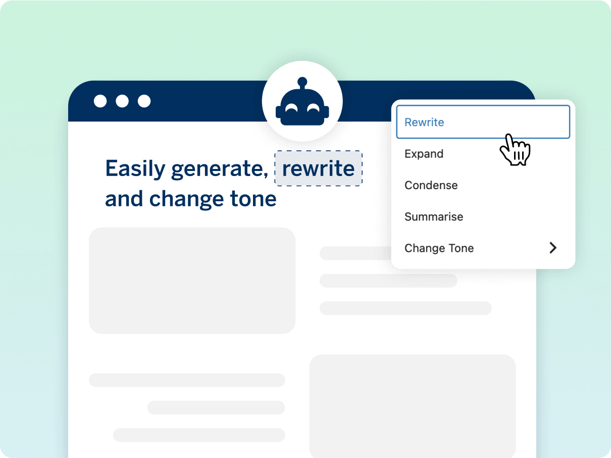 Web interface displaying text editing options: rewrite, expand, condense, summarize, and change tone. A cursor hovers over "Rewrite." The header reads, "Easily generate, rewrite and change tone."