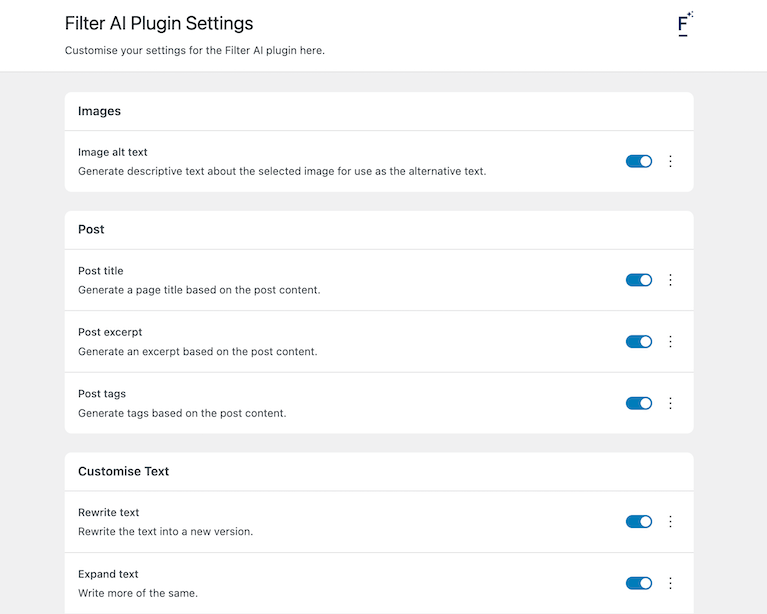 Settings page for "Filter AI Plugin" showing customization options. Toggles for generating image alt text, post titles, excerpts, tags, and text rewriting are visible, all switched on. Sections are divided into "Images," "Post," and "Customize Text," each with brief descriptions of their functions.