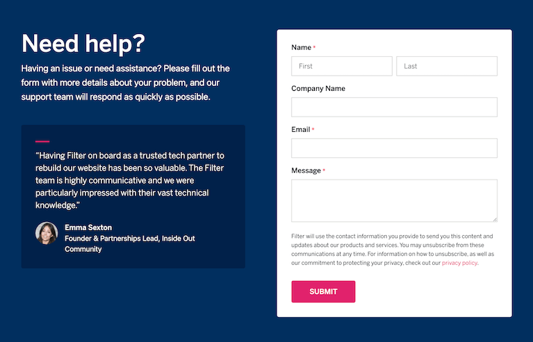 Contact form webpage with a testimonial. The left side has a quote praising a tech partner, and the right side features fields for name, company name, email, and message, with a pink "Submit" button below. Text prompts users to fill out the form for assistance.