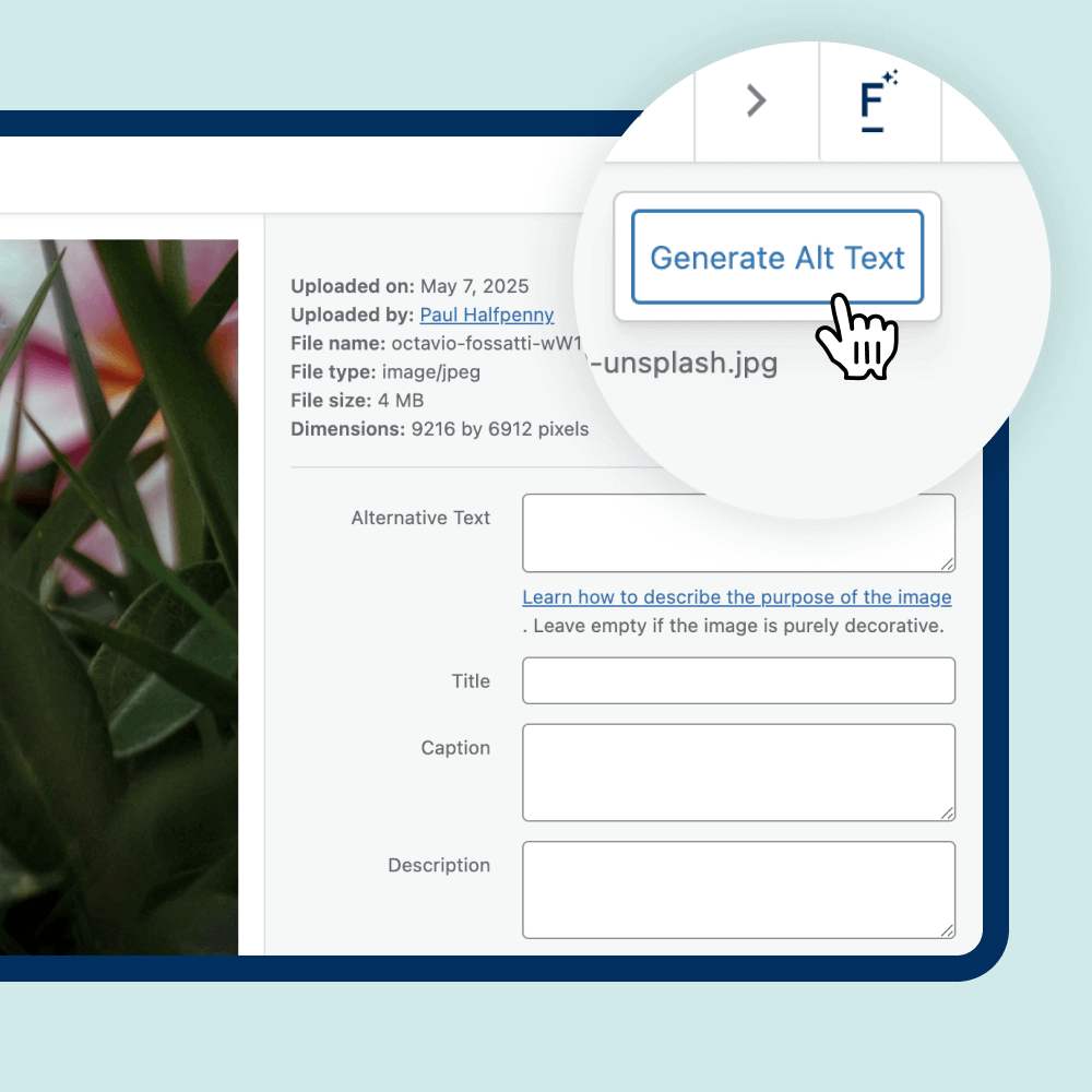 A screenshot of a webpage showing an image upload interface. A "Generate Alt Text" button is highlighted, indicating a feature to create alternative text for accessibility. The screen displays image details like upload date, file size, and dimensions.