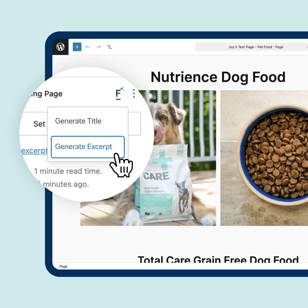 A computer screen displays a webpage about Nutrience Dog Food with images of a dog, dog food, and a menu option showing "Generate Excerpt."