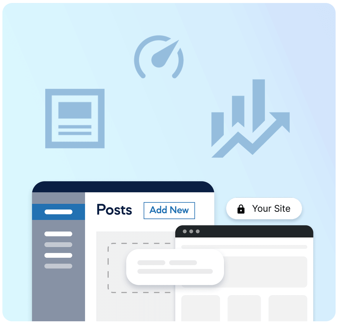 Illustration of a website dashboard interface with icons representing a speedometer, bar graph, and a document, indicating site management and analytics features.