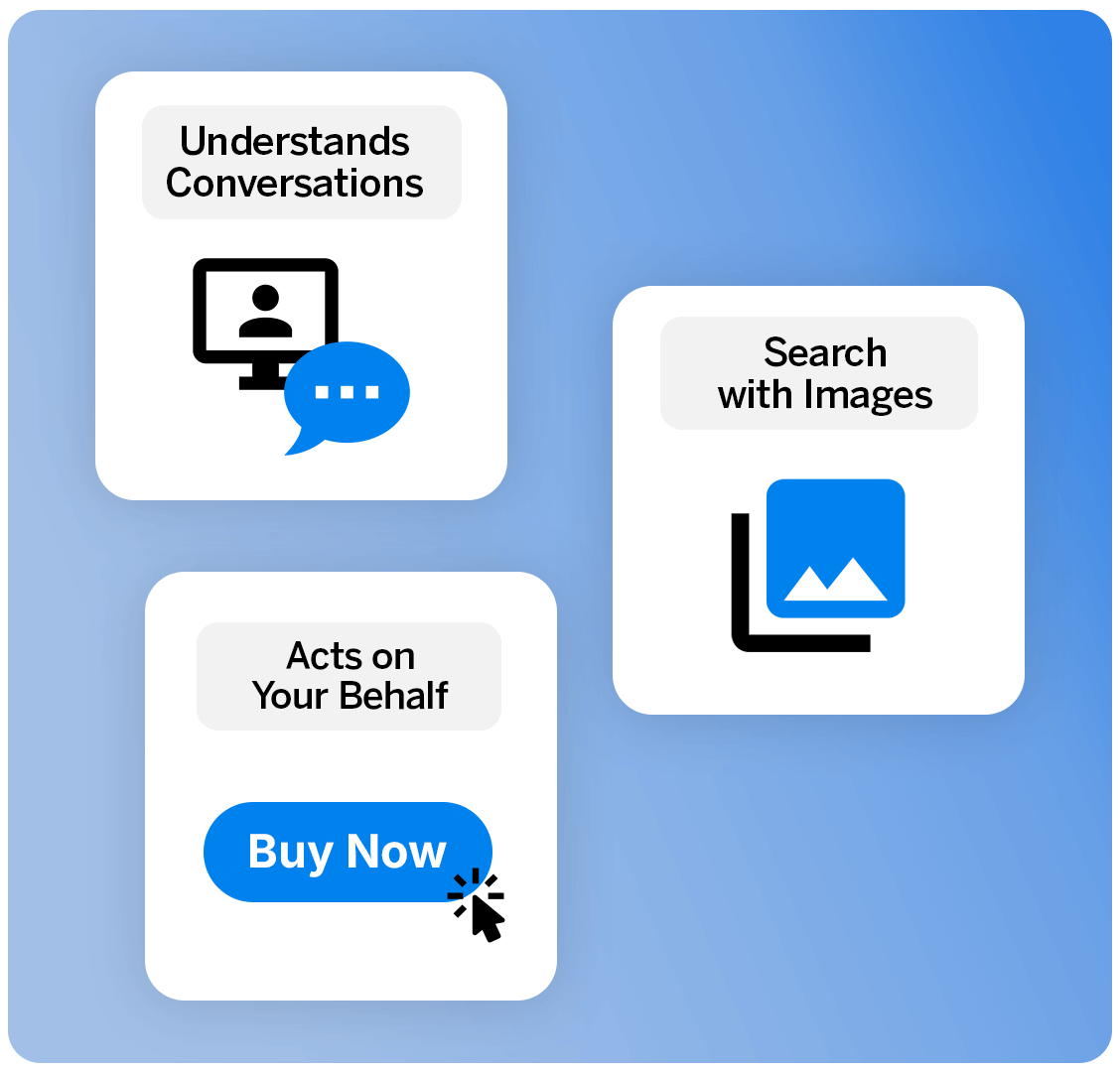 Icons illustrating features: "Understands Conversations," "Search with Images," and "Acts on Your Behalf" with a clickable "Buy Now" button.
