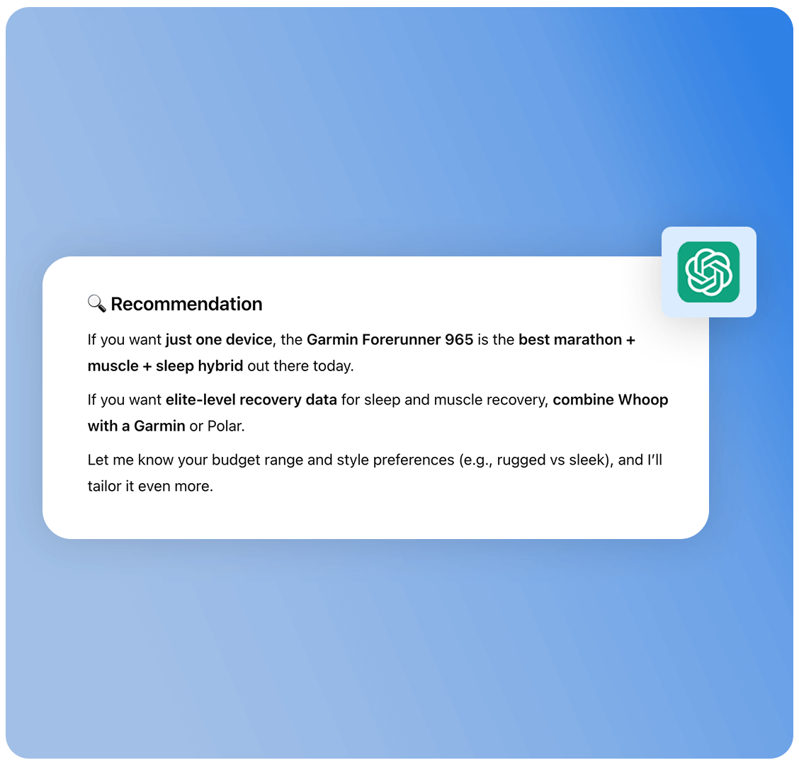 AI-generated recommendation for fitness devices, suggesting the Garmin Forerunner 965 for marathon and muscle recovery, and the combination of Whoop with Garmin or Polar for elite-level recovery data.